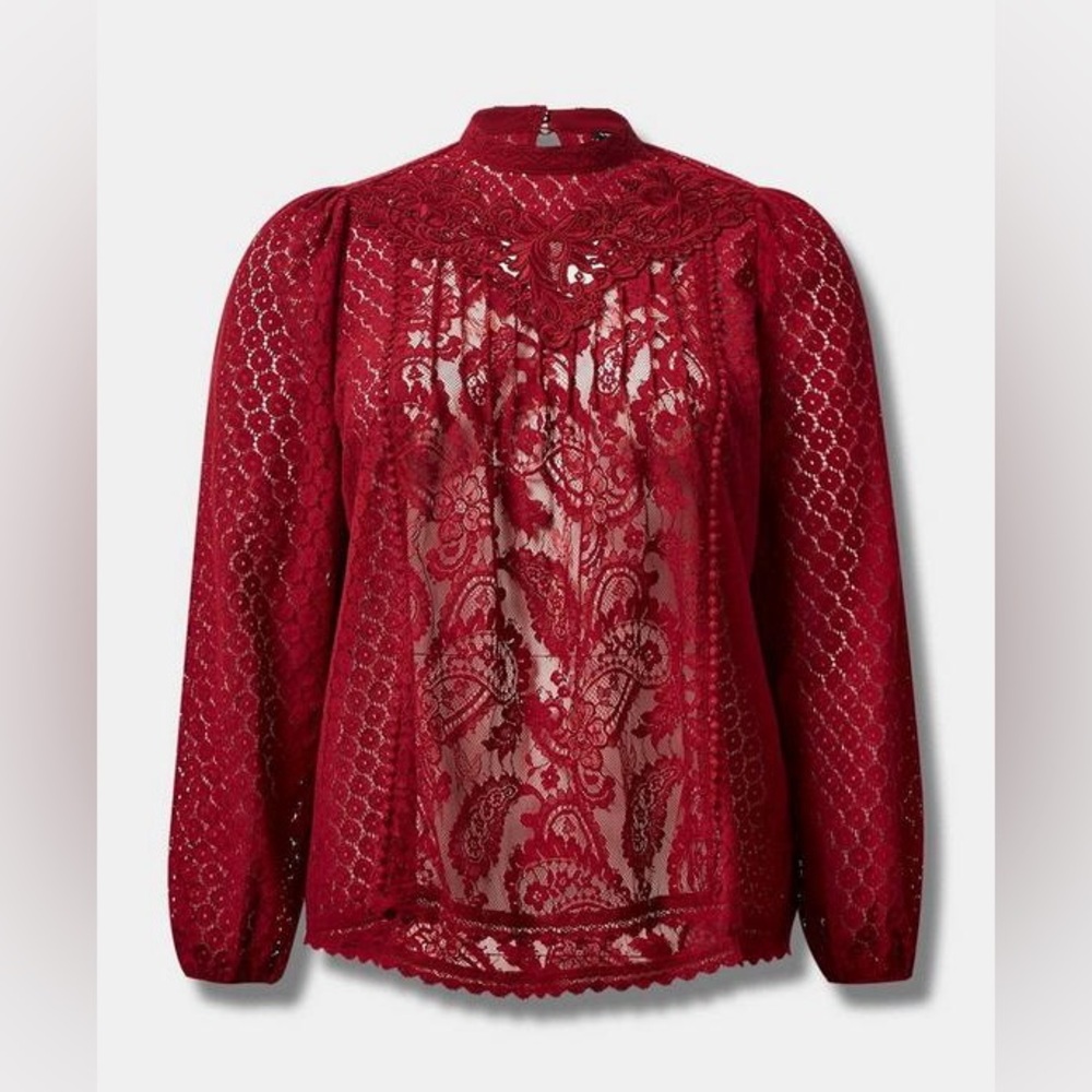 Torrid Mixed Lace High Neck Top Blouse Size 1X Plus Size Victorian Whimsical Red - Picture 11 of 12